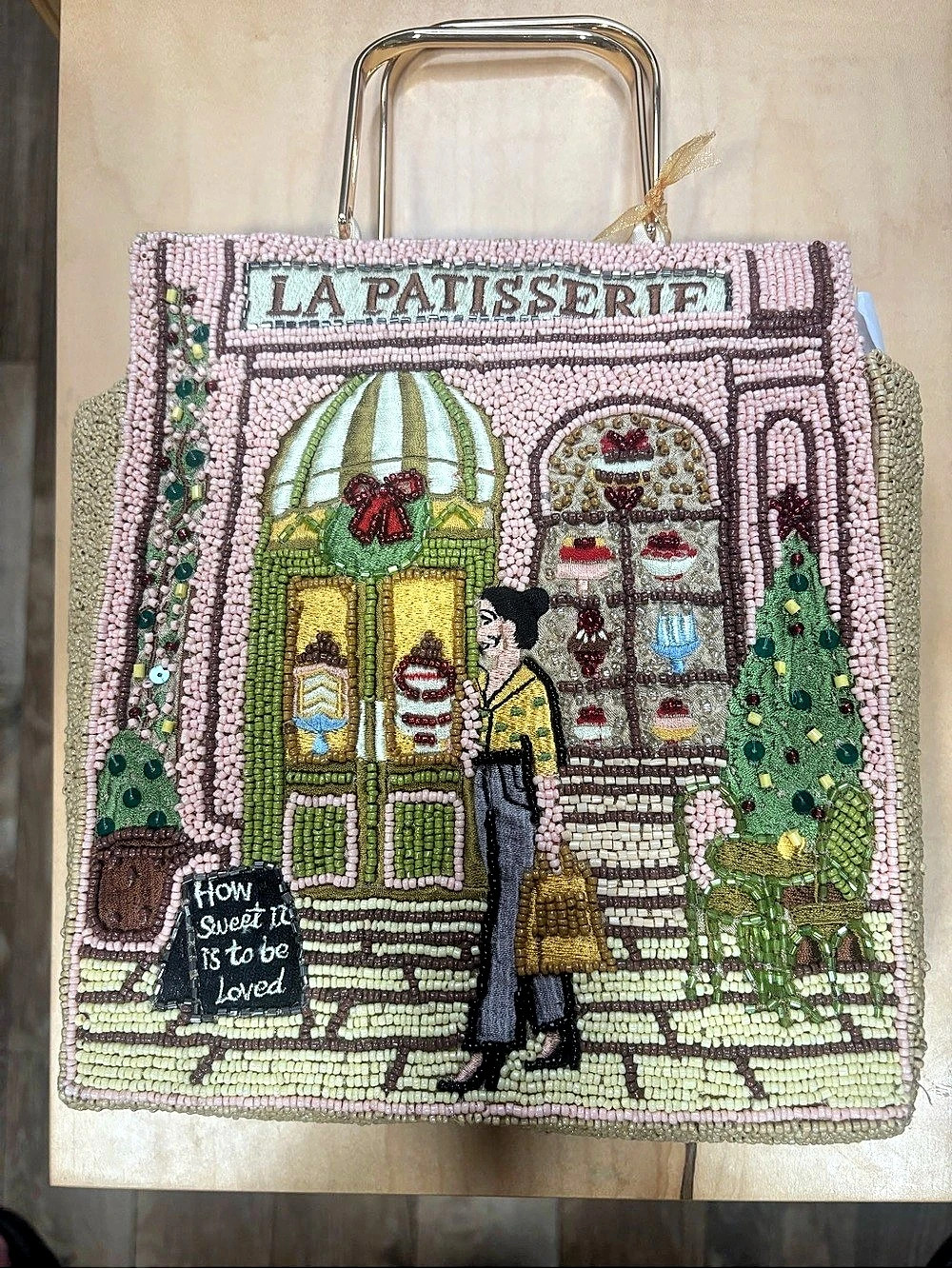 From India to you La Patisserie Beaded Novelty Tote in Pink & Green NWT